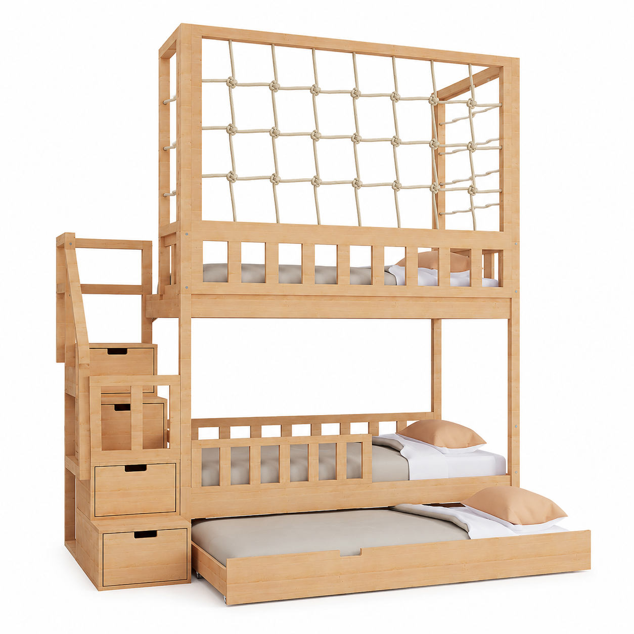 Lit superposé cabane en bois avec escalier de rangement, filet de sécurité et lit tiroir