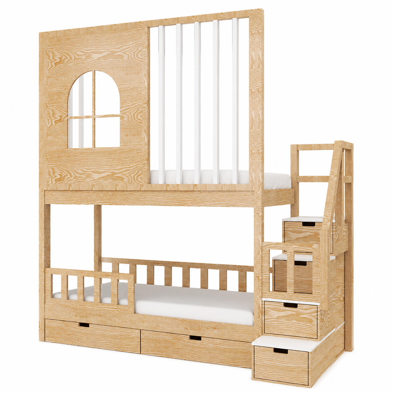 Lit Cabane Superposé avec Fenêtre Arquée, Barreaux Design et Escalier de Rangement