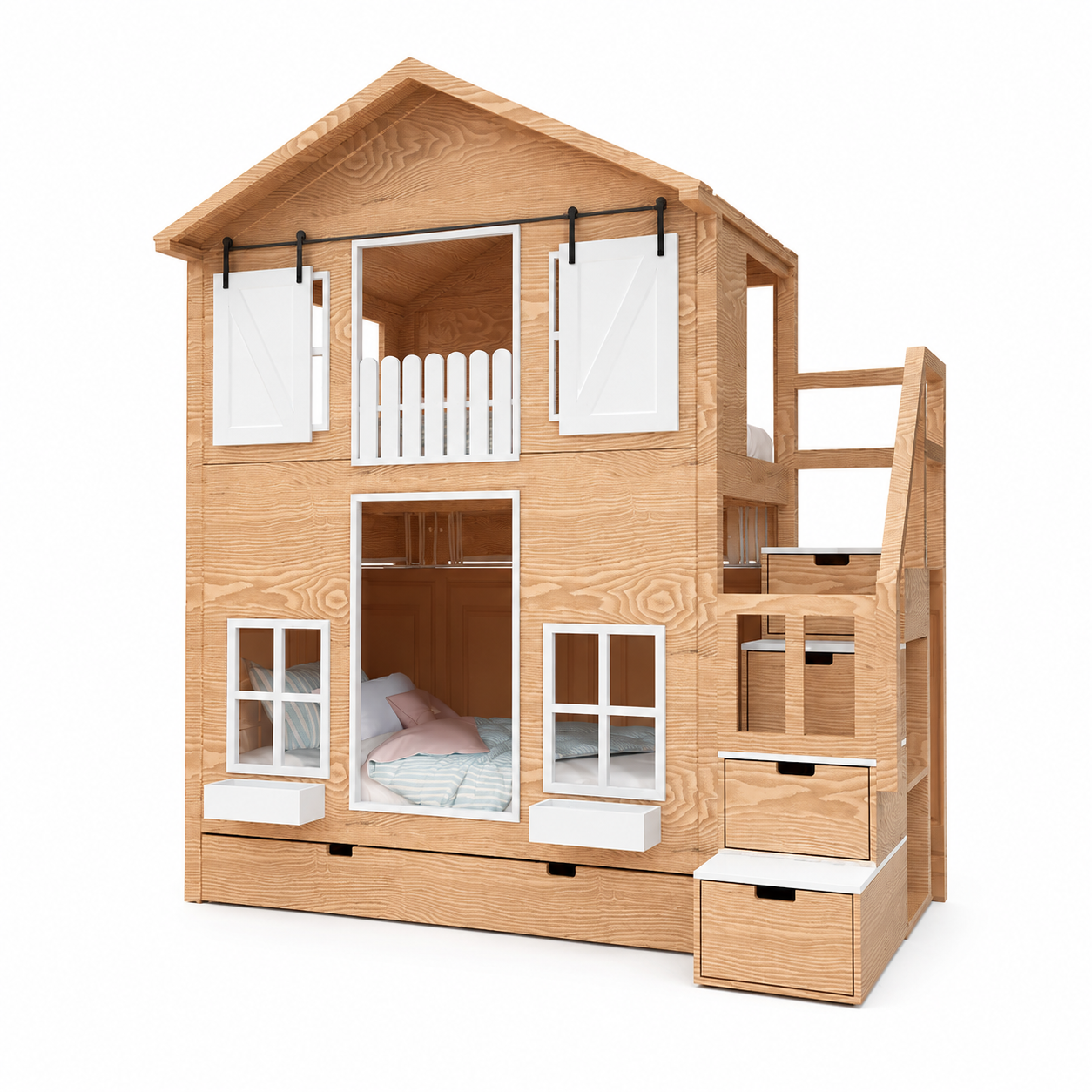 Lit Cabane Superposé avec Volets Coulissants, Escalier de Rangement et Jardinières