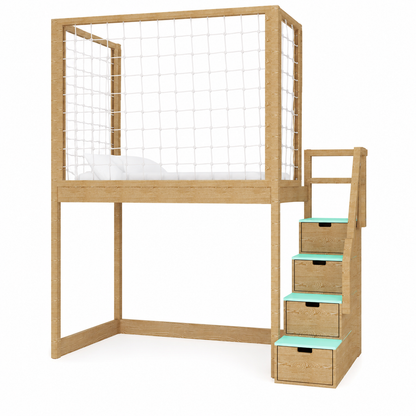 Lit mezzanine cabane en bois avec filet de protection et échelle, espace de jeu
