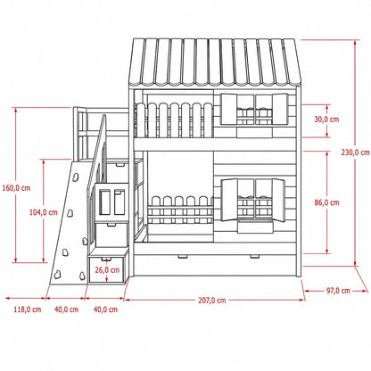 Lit Cabane Superposé Design avec Toit Blanc, Mur d'Escalade et Escalier de Rangement