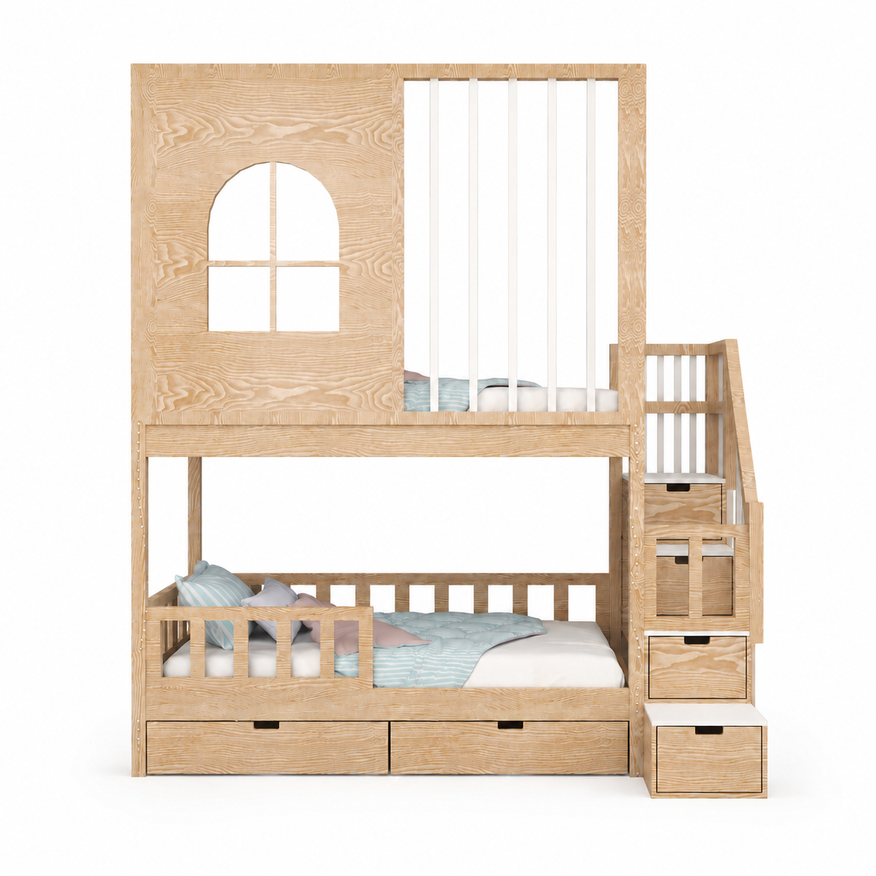 Lit Cabane Superposé avec Fenêtre Arquée, Barreaux Design et Escalier de Rangement