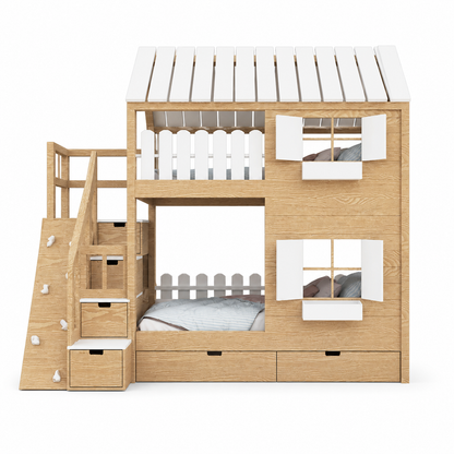 Lit Cabane Superposé Design avec Toit Blanc, Mur d'Escalade et Escalier de Rangement