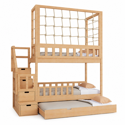Lit superposé cabane en bois avec escalier de rangement, filet de sécurité et lit tiroir