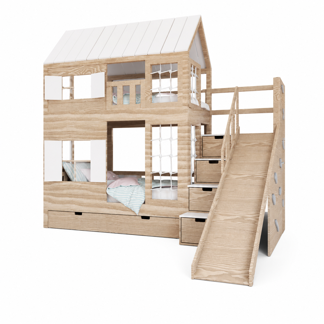 Lit Cabane Superposé avec Toboggan et Escalier de Rangement