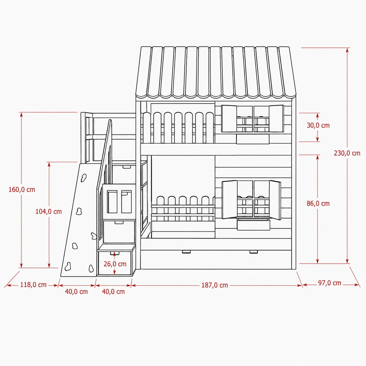 Lit Cabane Superposé Design avec Toit Blanc, Mur d'Escalade et Escalier de Rangement