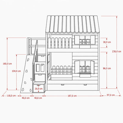 Lit Cabane Superposé Design avec Toit Blanc, Mur d'Escalade et Escalier de Rangement