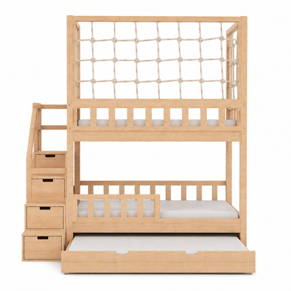 Lit superposé cabane en bois avec escalier de rangement, filet de sécurité et lit tiroir