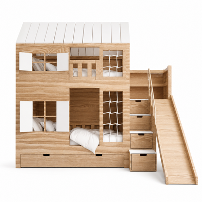 Lit Cabane Superposé avec Toboggan et Escalier de Rangement