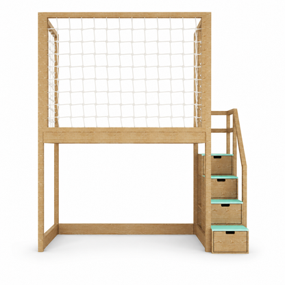 Lit mezzanine cabane en bois avec filet de protection et échelle, espace de jeu