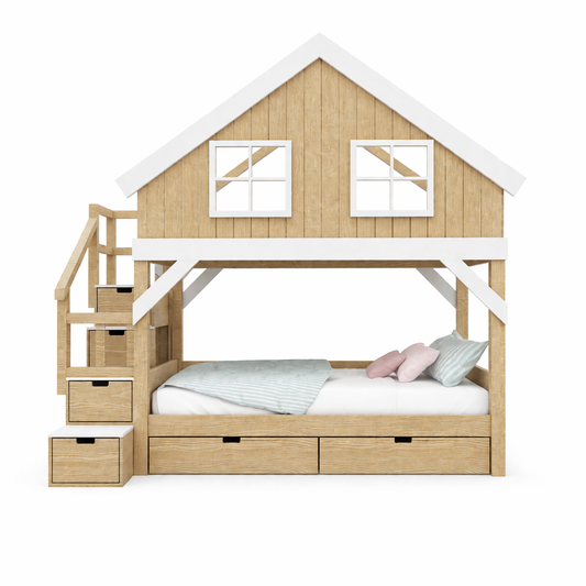 Lit Cabane Superposé "Vrai Maison" avec Escalier de Rangement et Fenêtres