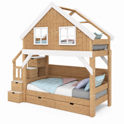Lit Cabane Superposé "Vrai Maison" avec Escalier de Rangement et Fenêtres