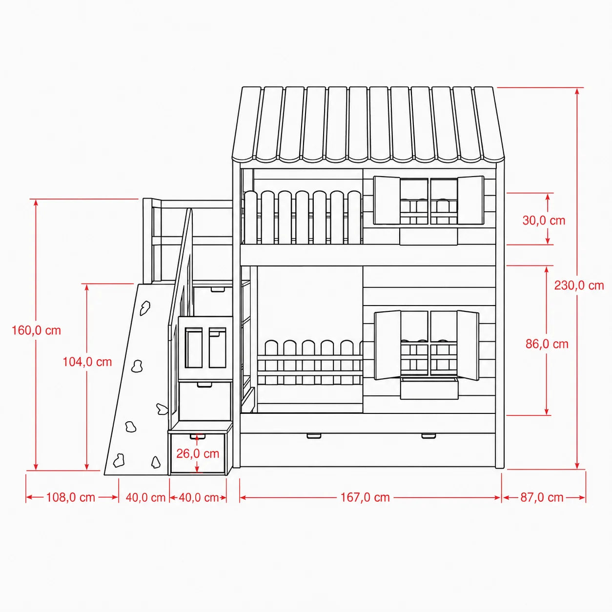 Lit Cabane Superposé Design avec Toit Blanc, Mur d'Escalade et Escalier de Rangement