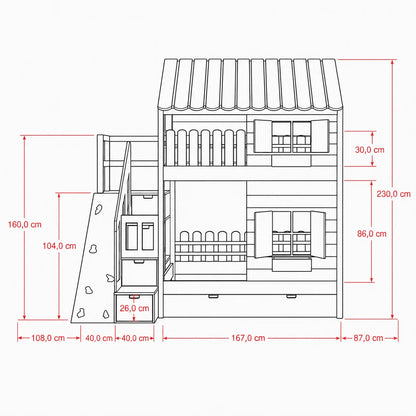 Lit Cabane Superposé Design avec Toit Blanc, Mur d'Escalade et Escalier de Rangement