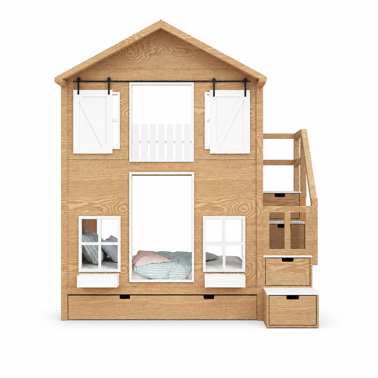 Lit Cabane Superposé avec Volets Coulissants, Escalier de Rangement et Jardinières